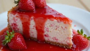 Slice of strawberry cheesecake with strawberry topping.