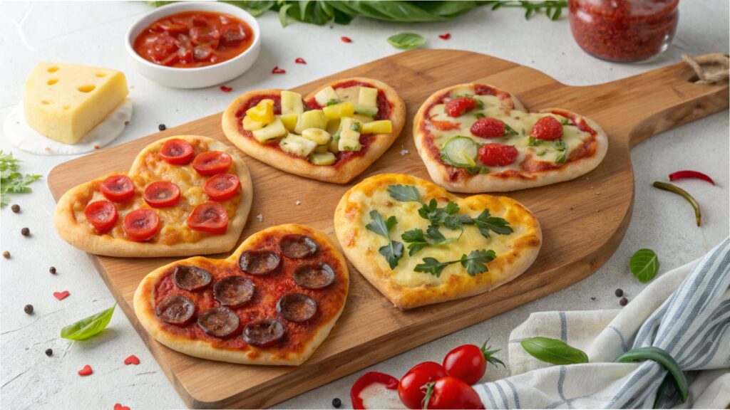 Heart-shaped pizzas with different toppings served on a wooden board.