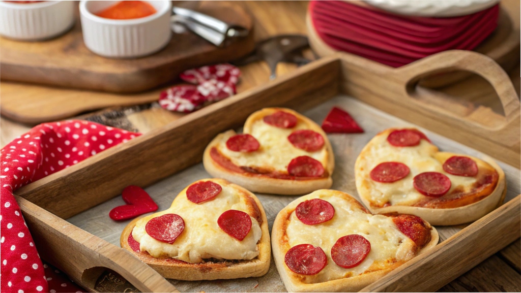 Heart-shaped mini pizzas arranged on a wooden tray, surrounded by festive Valentine’s decorations like hearts and ribbons.