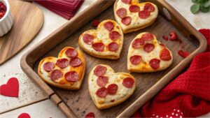 Heart-shaped mini pizzas on a wooden tray with Valentine’s decorations.