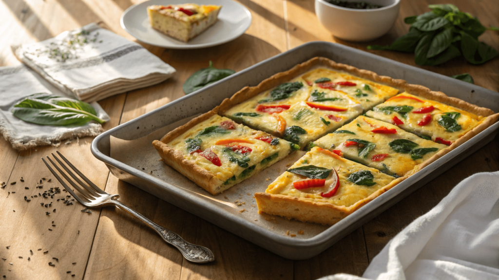 A golden-brown sheet-pan quiche topped with vibrant, colorful ingredients, fresh from the oven.







