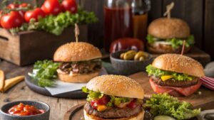 A selection of diverse, delicious burgers arranged on a table.