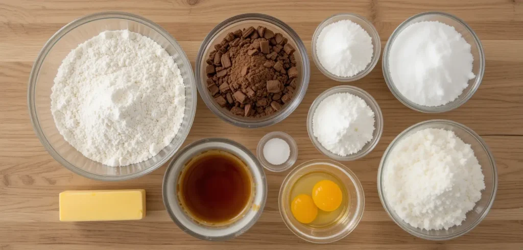 Ingredients for crinkle cake arranged on a counter.