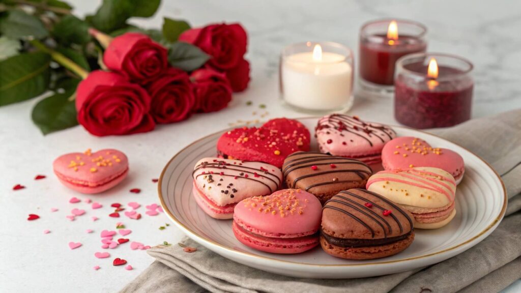 A plate of heart-shaped macarons with chocolate drizzle and sprinkles, surrounded by roses and lit candles.







