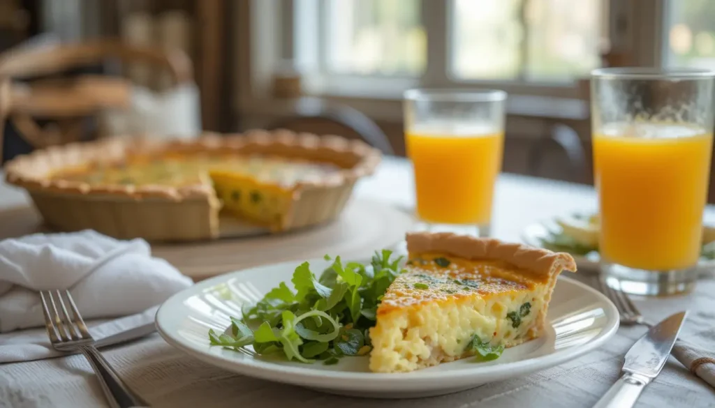 A slice of quiche served with salad and orange juice on a rustic table.