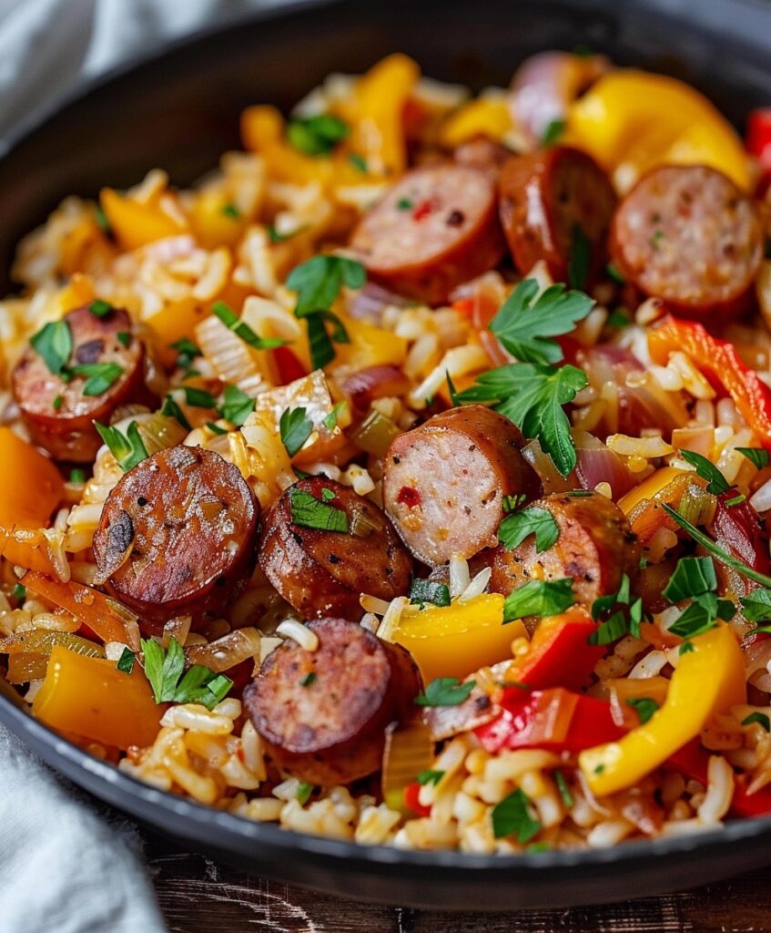 A close-up of Delicious Sausage and Rice with browned sausage, fluffy rice, and colorful bell peppers, showcasing a hearty and flavorful one-pan meal.


