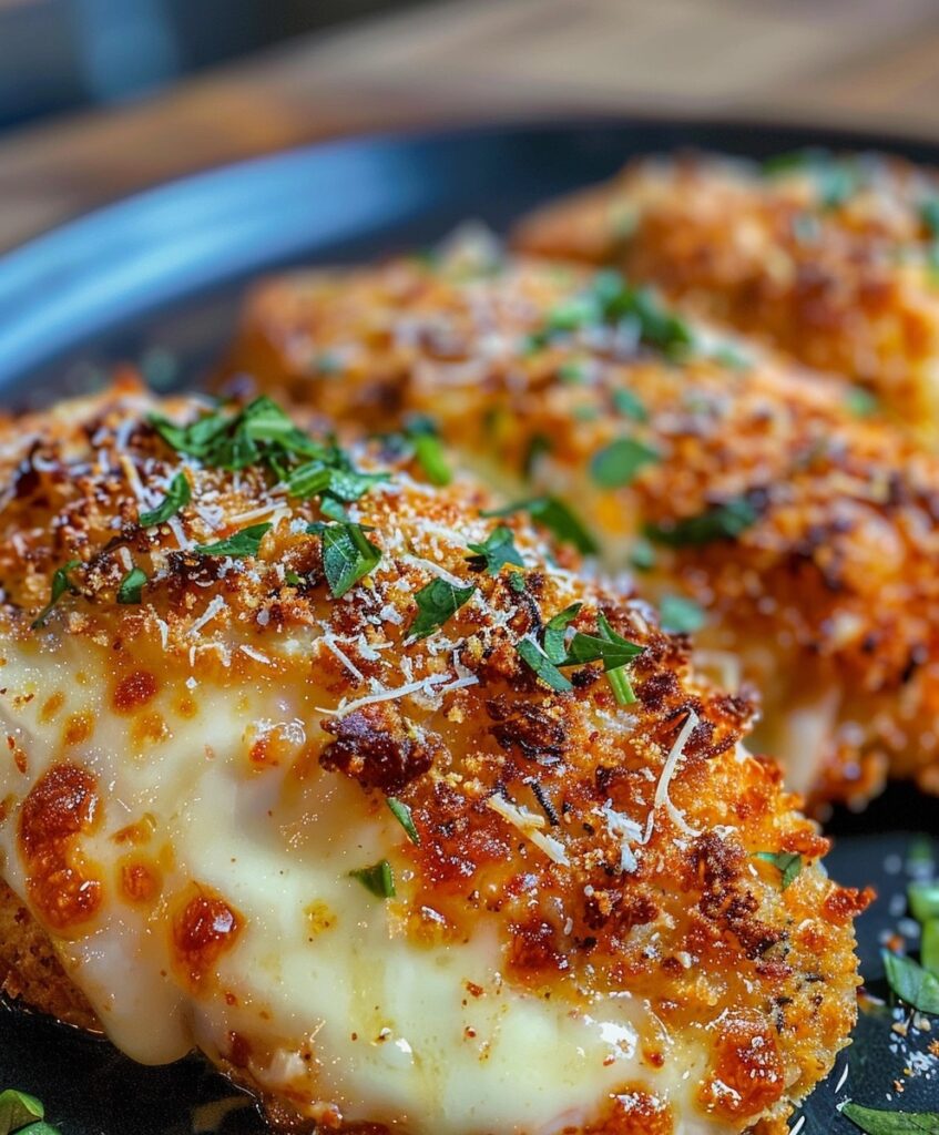 A serving dish filled with Longhorn Steakhouse Parmesan Chicken, showcasing golden-brown parmesan crust, melted cheese, and fresh parsley garnish.


