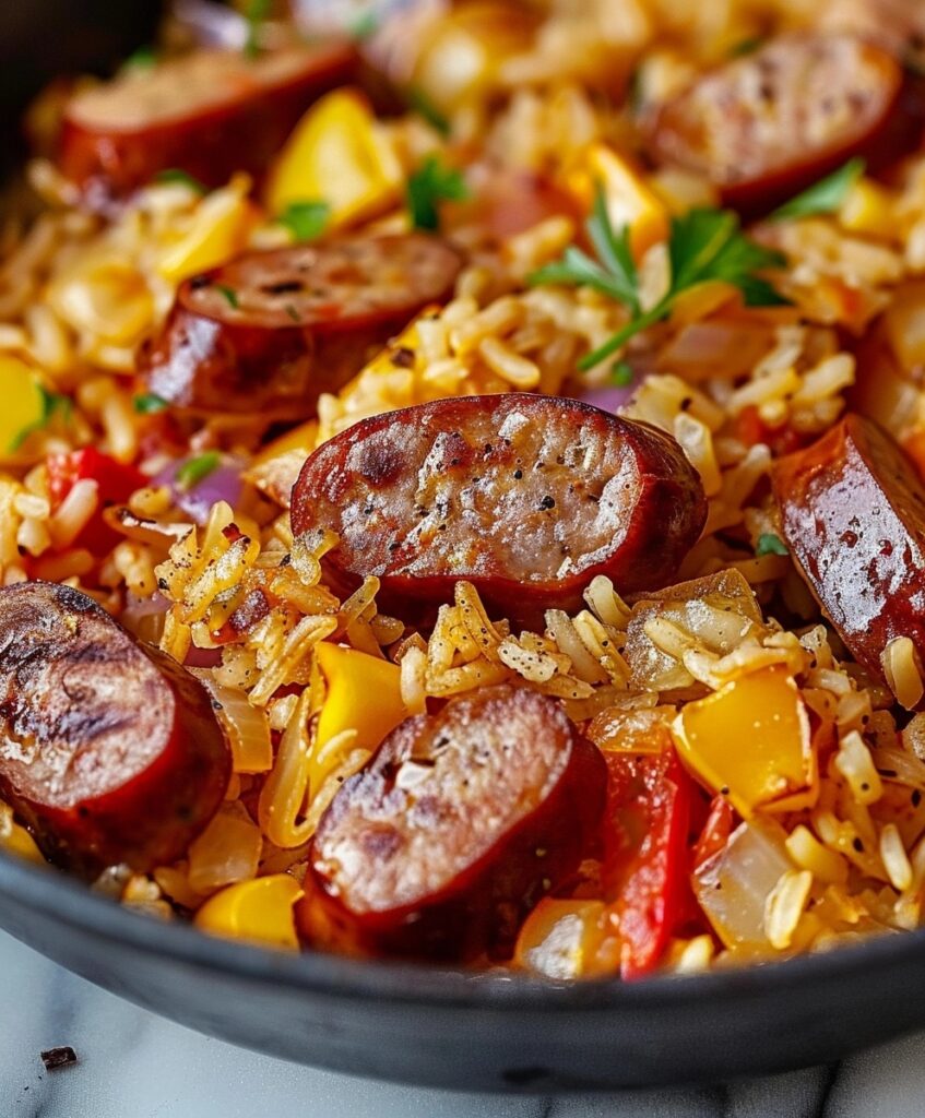 A close-up of Delicious Sausage and Rice in a dark skillet, showing browned sausage slices, fluffy rice, colorful bell peppers, onions, and fresh parsley, highlighting a flavorful one-pan meal.


