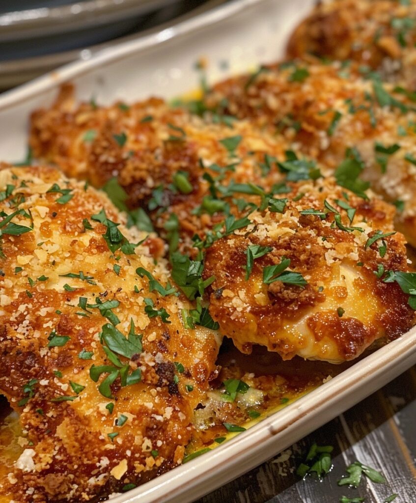 A serving dish filled with Longhorn Steakhouse Parmesan Chicken, showcasing golden-brown parmesan crust, melted cheese, and fresh parsley garnish.

