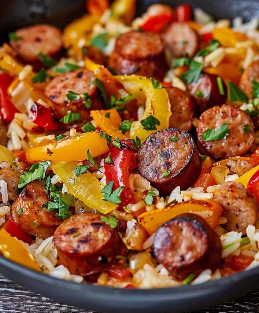 A skillet filled with Delicious Sausage and Rice, showcasing browned sausage slices, fluffy rice, yellow and red bell peppers, and fresh parsley, highlighting a flavorful one-pan meal.


