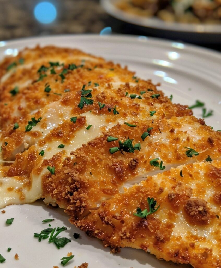 A full plate of Longhorn Steakhouse Parmesan Chicken, sliced and topped with a crispy parmesan crust and fresh parsley, ready to serve.


