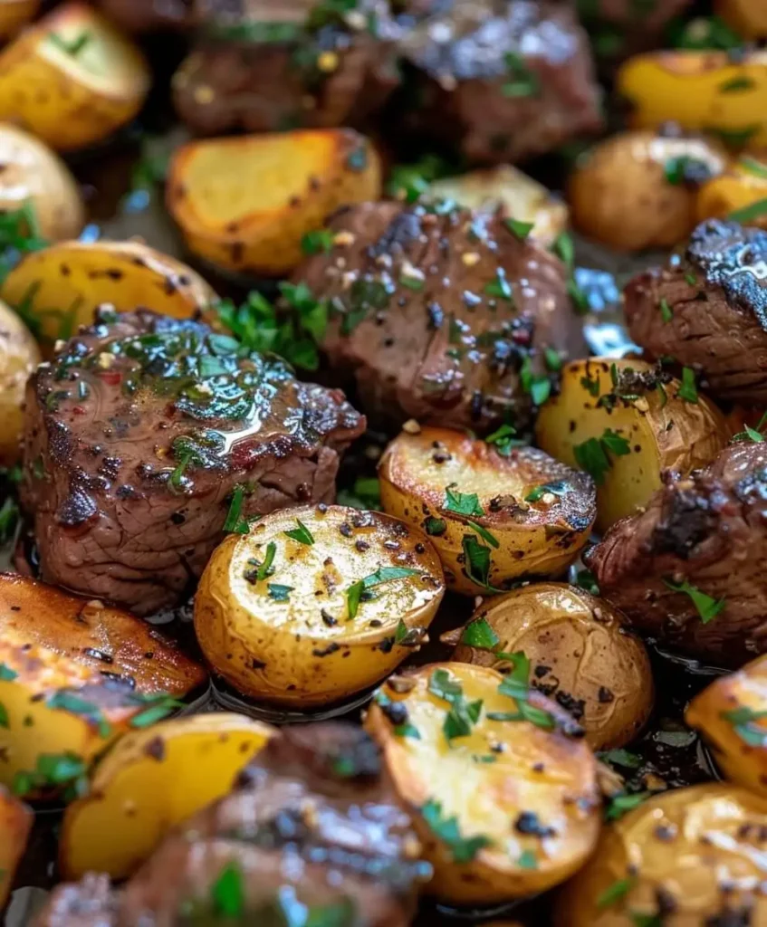 Close-up of garlic butter steak bites and roasted potatoes.