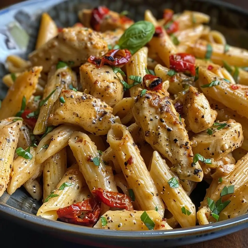 Marry Me Chicken Pasta overhead view in a speckled bowl, showing penne, seasoned chicken, sun-dried tomatoes, basil, and creamy sauce.