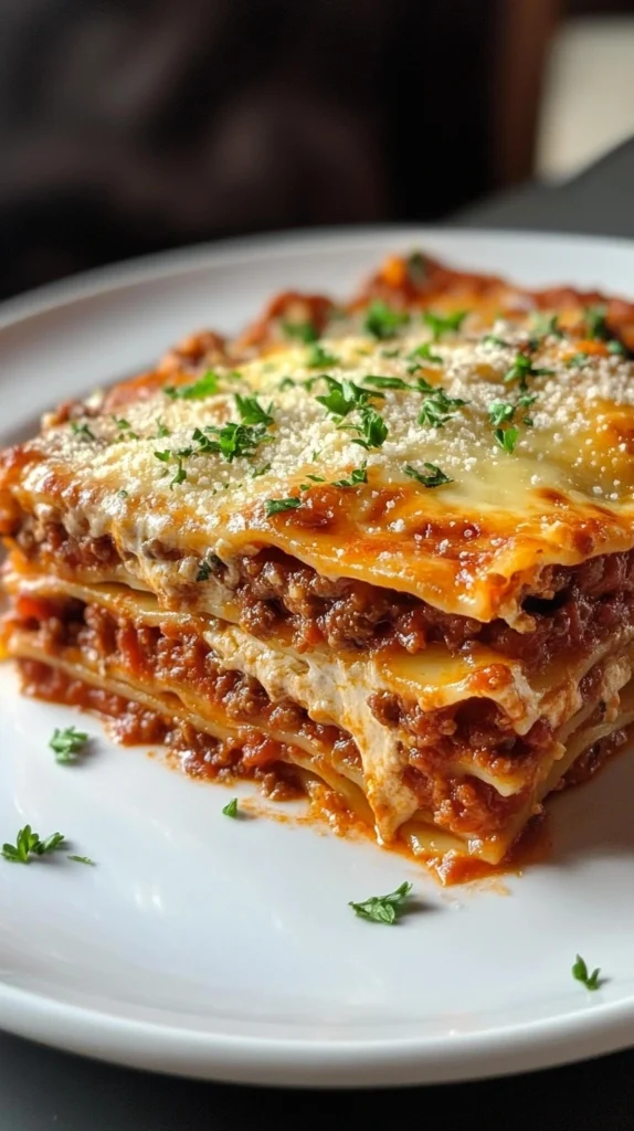 Slice of Lasagna: Close-up of a layered lasagna slice on a white plate, showing the meat sauce, béchamel, pasta, and melted cheese, topped with Parmesan and parsley.