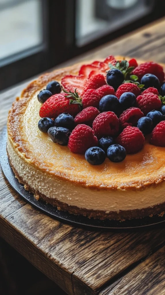 A golden-brown baked vanilla cheesecake topped with fresh seasonal fruits, beautifully presented on a rustic wooden table, with soft natural lighting enhancing its creamy texture and vibrant colors.







