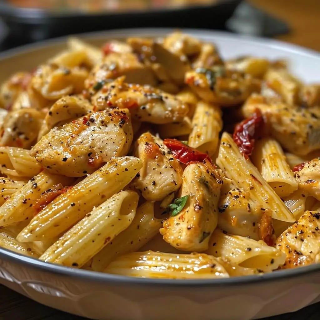 Marry Me Chicken Pasta in a white bowl, showing seasoned chicken, penne, sun-dried tomatoes, and a creamy sauce with pepper and herbs.