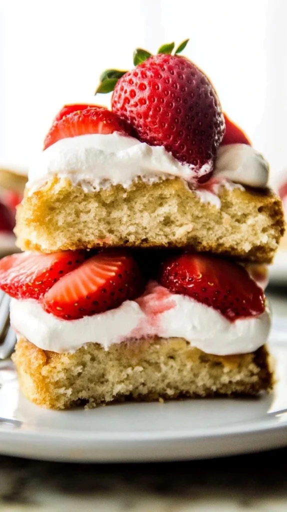 Delicious homemade strawberry shortcake with fluffy biscuits, fresh strawberries, and whipped cream.
