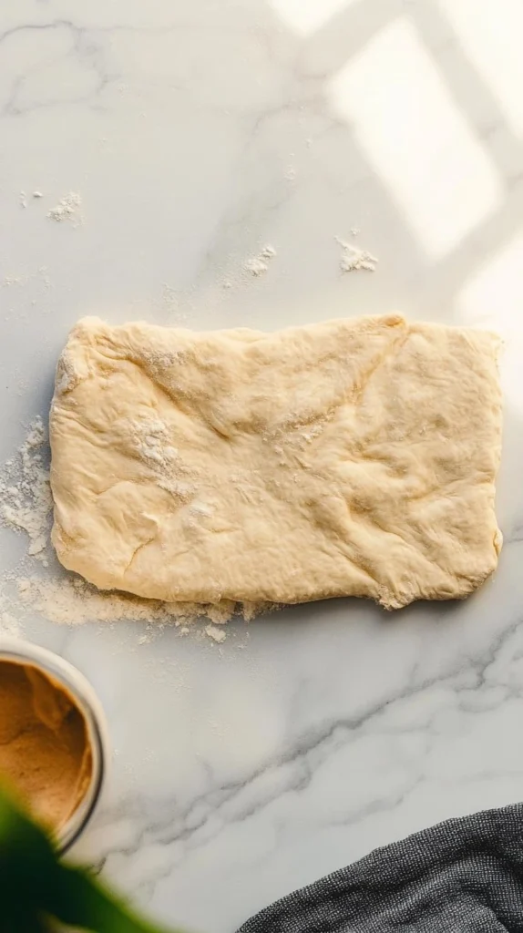 Biscuit dough folded and ready for cutting, creating flaky layers for strawberry shortcake.
