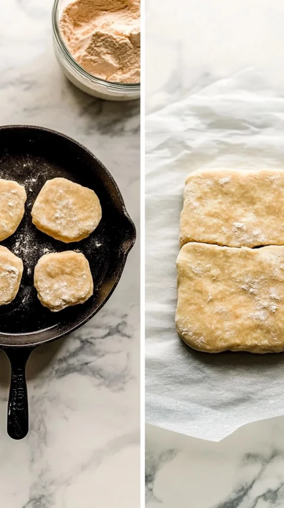 Unbaked biscuits arranged in a cast iron skillet, ready for the oven.
