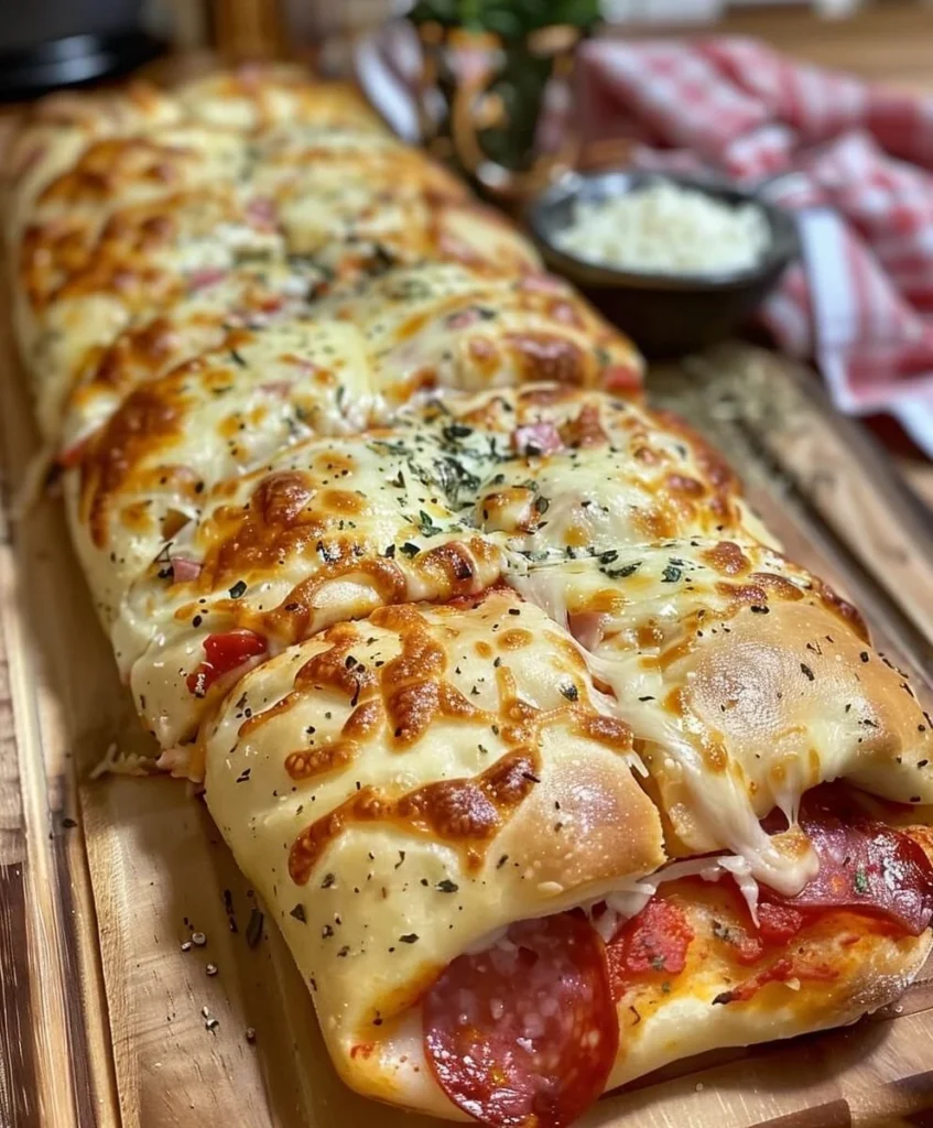 A full Easy Stromboli Dinner Recipe on a wooden cutting board, sliced and showing layers of cheese, pepperoni, and fillings, with a bowl of grated cheese in the background.


