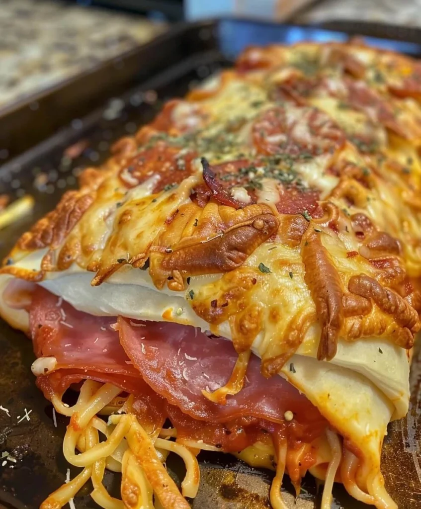 A close-up of a freshly baked Easy Stromboli Dinner Recipe on a baking sheet, showcasing layers of cheese, pepperoni, ham, and spaghetti, with a golden-brown crust.


