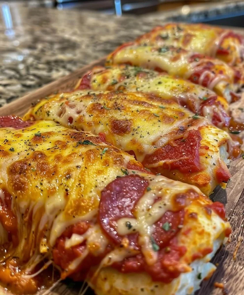 A wooden board showcasing a row of Easy Stromboli Dinner Recipe slices, baked golden with melted cheese, pepperoni, and herbs, perfect for a quick family meal.


