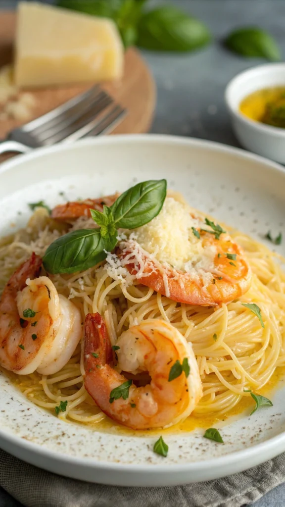 Plated Shrimp Scampi garnished with Parmesan and basil.