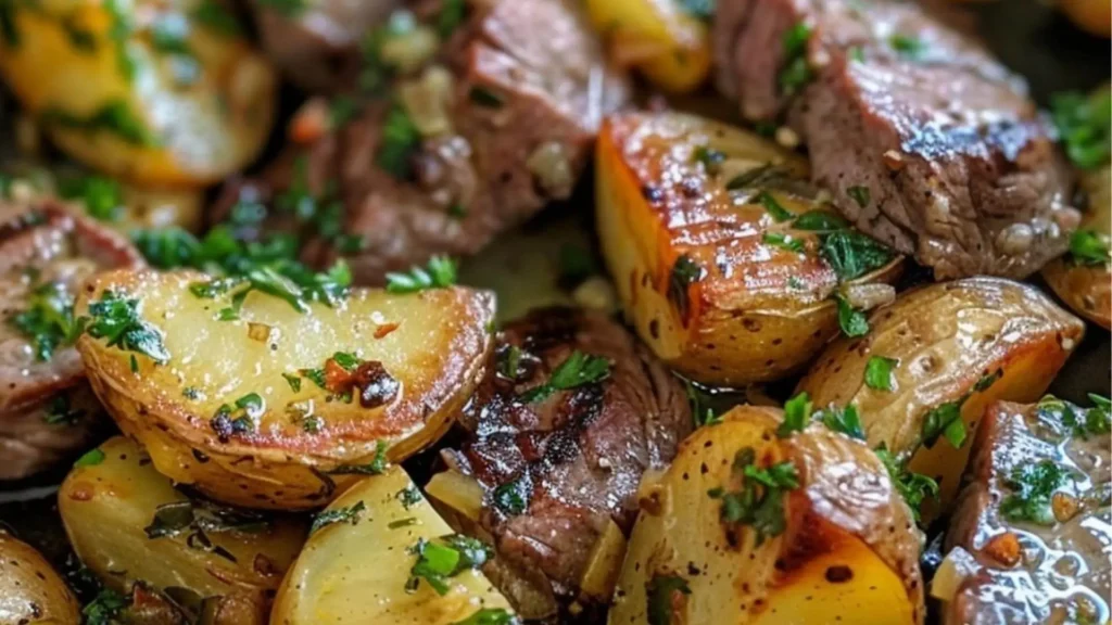 Garlic butter steak bites and roasted potatoes with herbs.