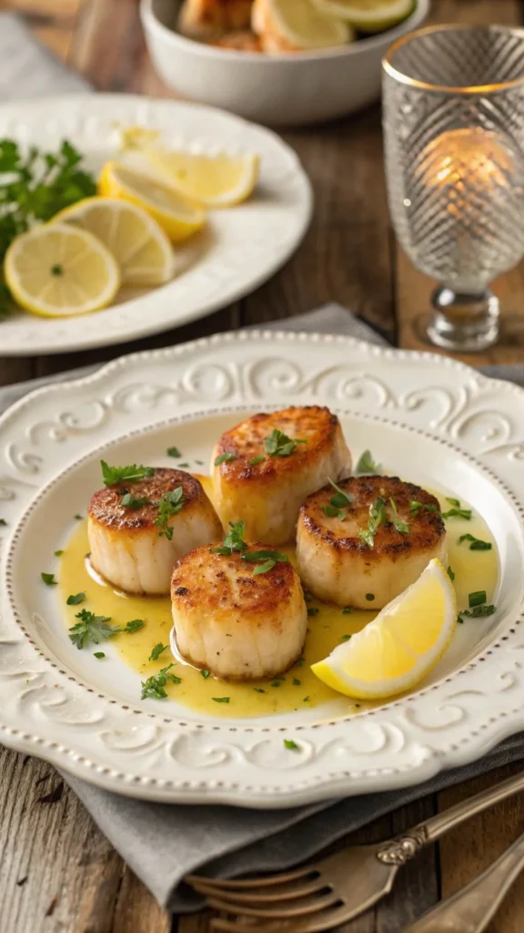 Seared garlic scallops drizzled with rich butter sauce and garnished with fresh herbs







