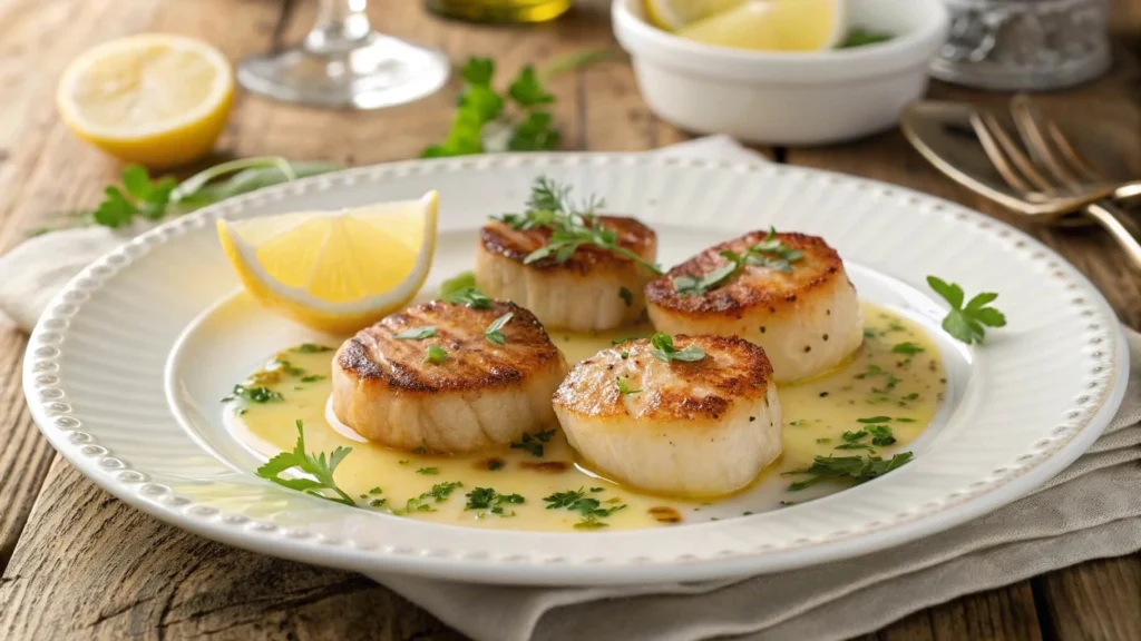 Garlic scallops served with butter sauce and herbs