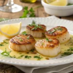 Garlic scallops served with butter sauce and herbs