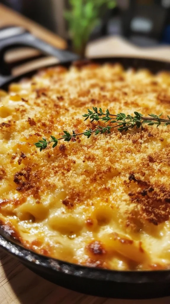 Gordon Ramsay's mac and cheese served in a cast-iron skillet, topped with a crispy, golden crust.







