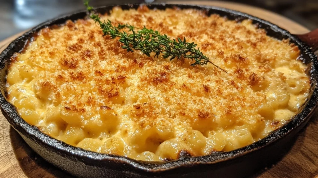 Gordon Ramsay mac and cheese in a cast-iron skillet with crispy topping.