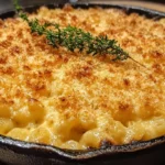 Gordon Ramsay mac and cheese in a cast-iron skillet with crispy topping.