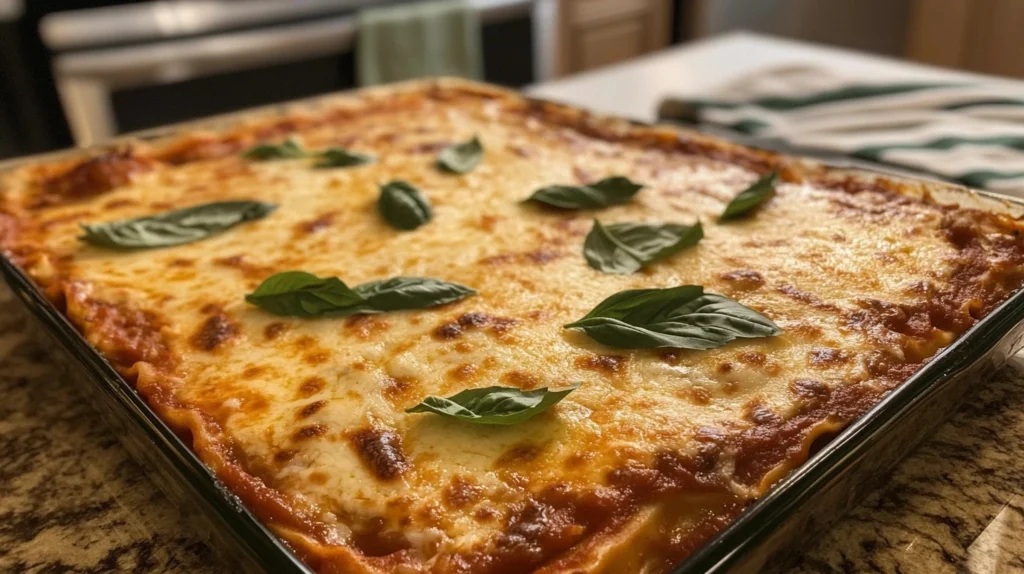 Gordon Ramsay's Lasagna: Layers of pasta, meat sauce, and béchamel, topped with melted cheese and fresh basil.