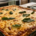 Gordon Ramsay's Lasagna: Layers of pasta, meat sauce, and béchamel, topped with melted cheese and fresh basil.