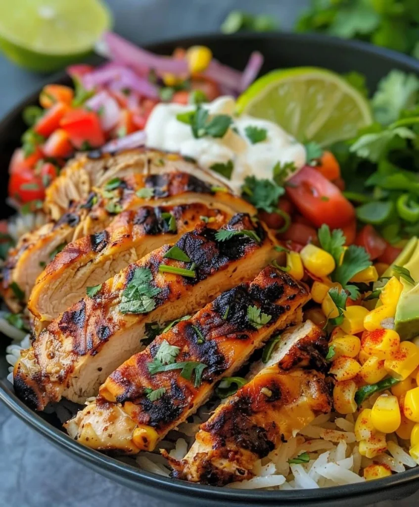 Cilantro Lime Grilled Chicken Salad with sliced chicken, corn, avocado, lime, and rice.