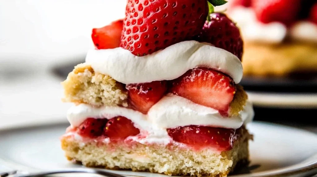 Close-up of a layered strawberry shortcake showcasing juicy strawberries and creamy whipped topping.