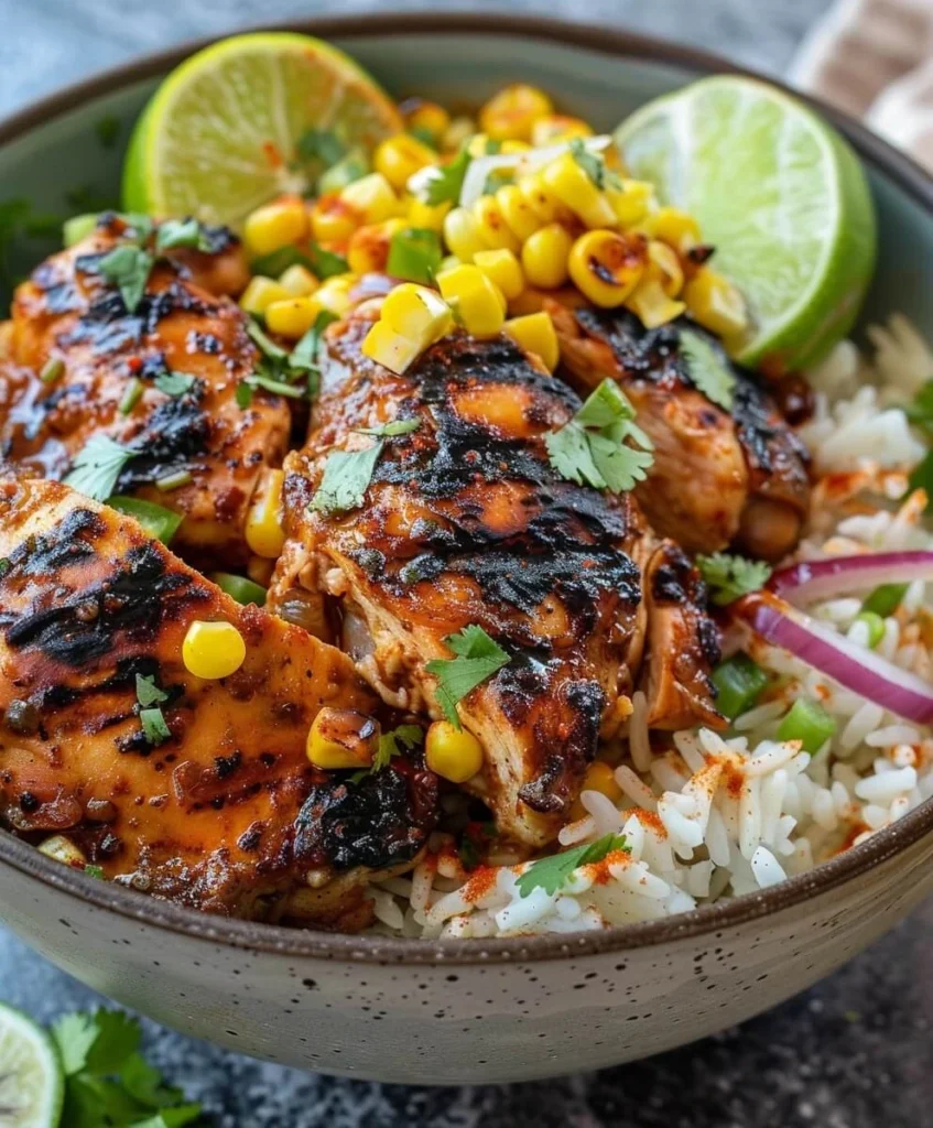 Honey Lime Grilled Chicken Bowl with chicken, corn, rice, and lime wedges.