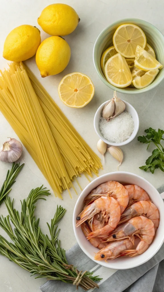 Key ingredients for Shrimp Scampi including shrimp, garlic, and pasta.