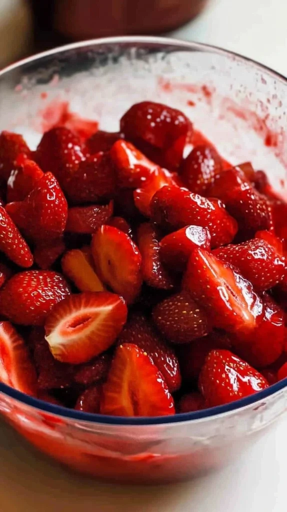 Close-up of macerated strawberries in a glass bowl, glistening with juice.
