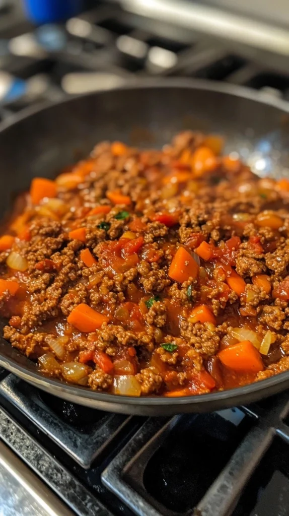 Meat Sauce for Lasagna: Ground beef, carrots, onions, and tomatoes cooking in a pan for Gordon Ramsay's lasagna recipe.