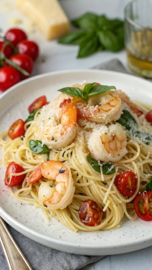 Shrimp Scampi with Capellini Pasta topped with fresh basil and grated Parmesan.
