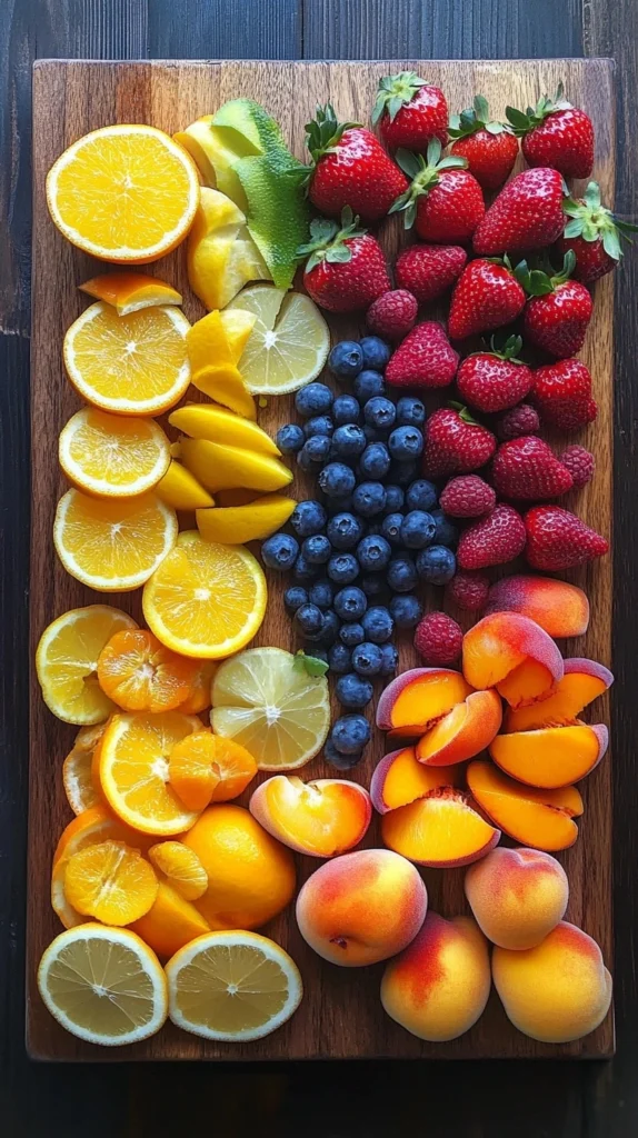 This is a beautifully arranged fruit platter featuring a vibrant selection of fresh fruits, including strawberries, blueberries, raspberries, peaches, oranges, lemons, mango, and avocado. The fruits are neatly organized on a wooden cutting board, creating a visually appealing contrast of colors and textures.







