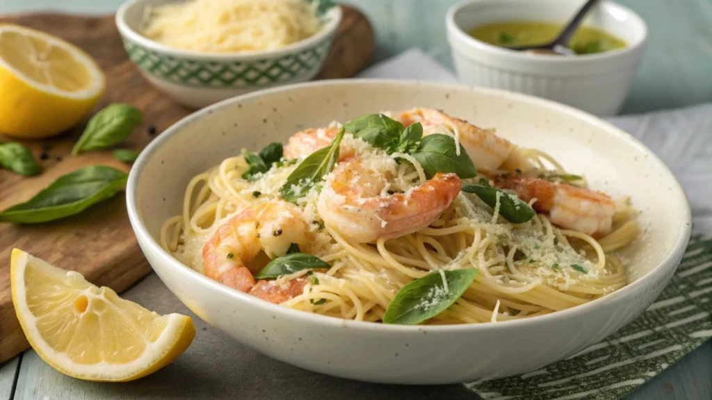 Shrimp Scampi with Capellini Pasta garnished with Parmesan and basil.