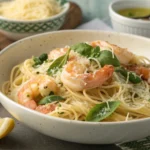 Shrimp Scampi with Capellini Pasta garnished with Parmesan and basil.