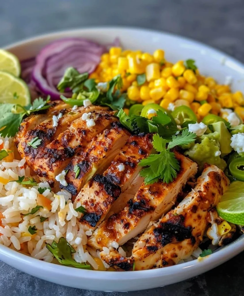 Chipotle Chicken Rice Bowl with grilled chicken, corn, avocado, jalapenos, and rice.