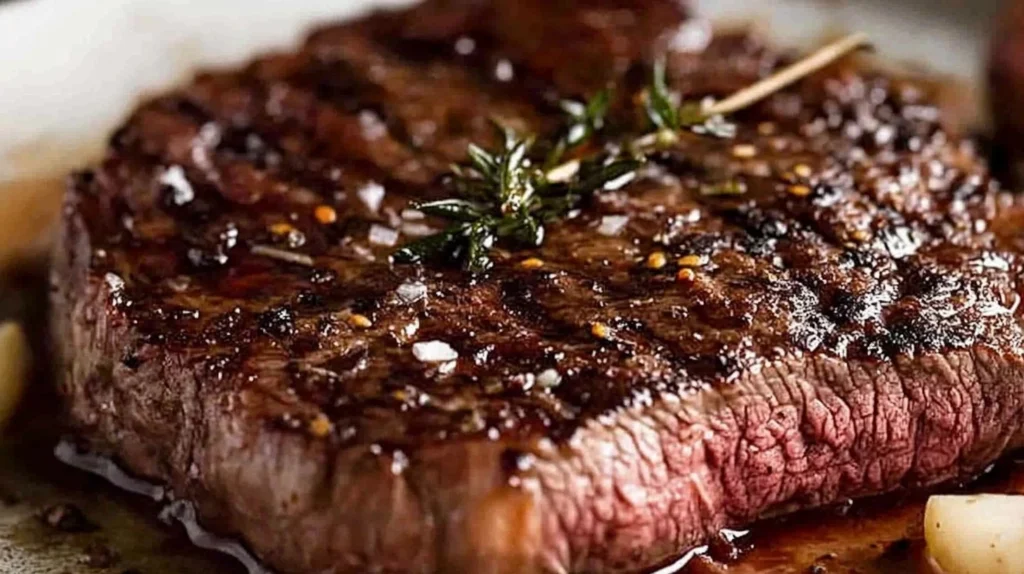 Close-up of several marinated steaks in a pan with a sprig of rosemary, showcasing the rich color and texture.