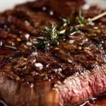 Close-up of several marinated steaks in a pan with a sprig of rosemary, showcasing the rich color and texture.