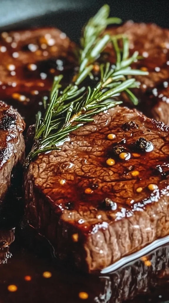 Close-up of several marinated steaks in a pan with a sprig of rosemary, showcasing the rich color and texture.